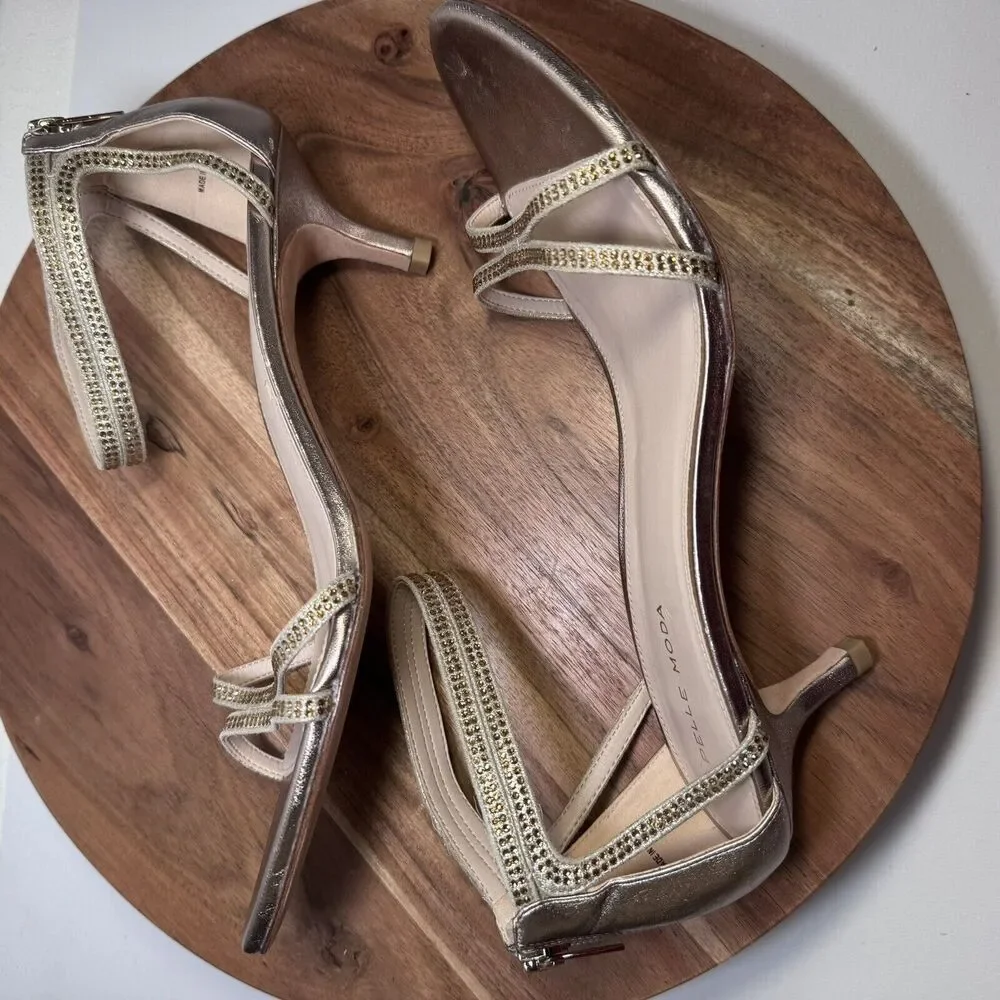 Pelle Moda Vero Cuoio Metallic Rhinestone‎ Ankle Strap Kitten-Heel Size 10